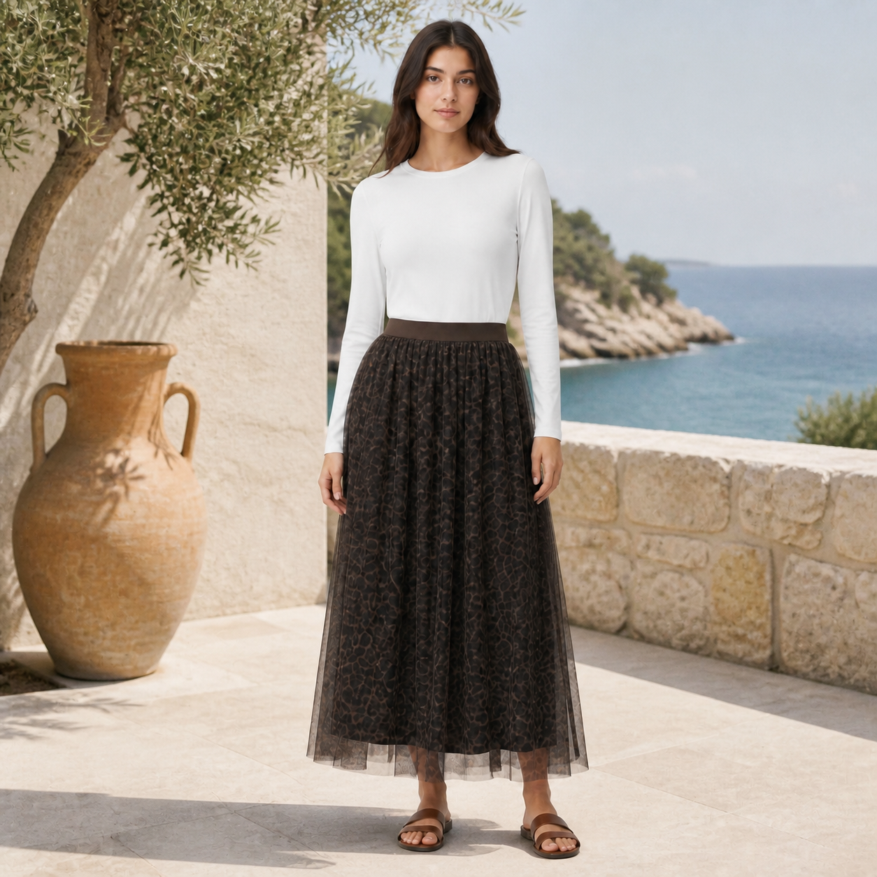 Jupe longue choco en tulle imprimé Tsniout – 06 lifestyle debout