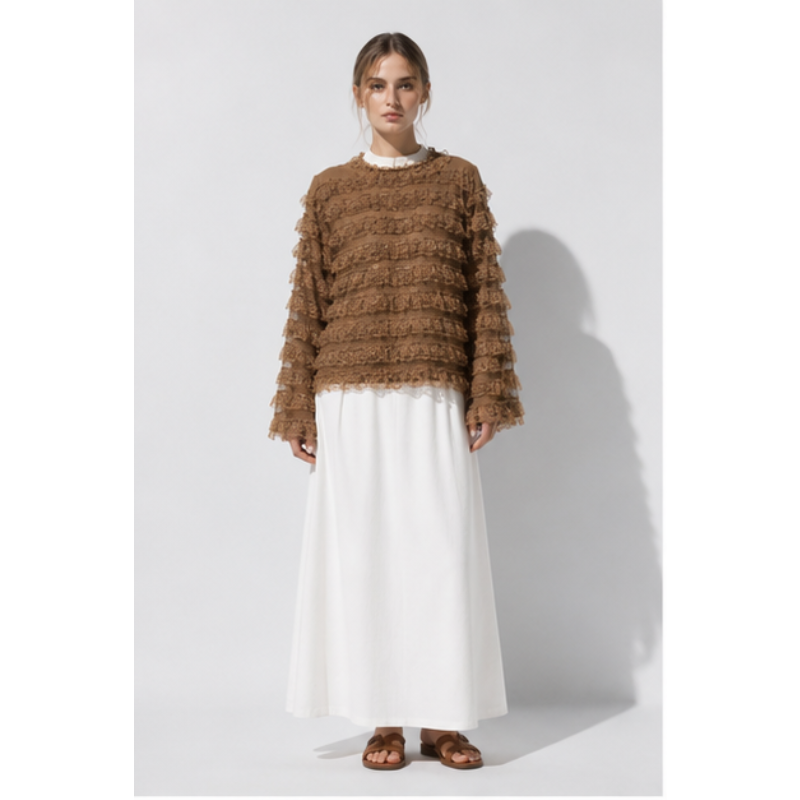 Blouse taupe à volants en dentelle Tsniout – vue 1