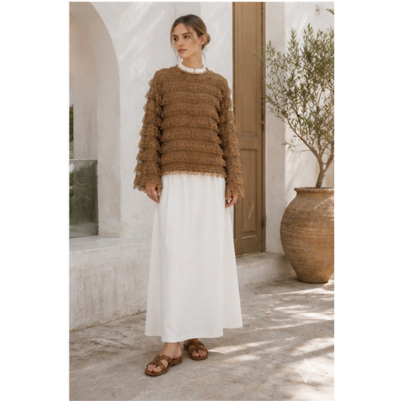 Blouse taupe à volants en dentelle Tsniout – vue 3