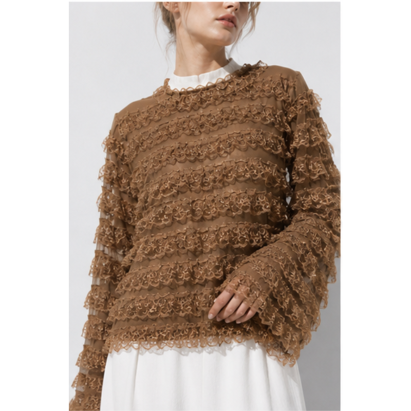 Blouse taupe à volants en dentelle Tsniout – vue 4