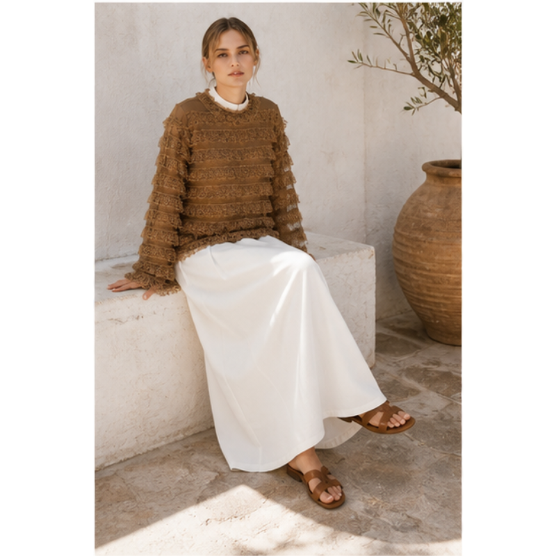 Blouse taupe à volants en dentelle Tsniout – vue 5