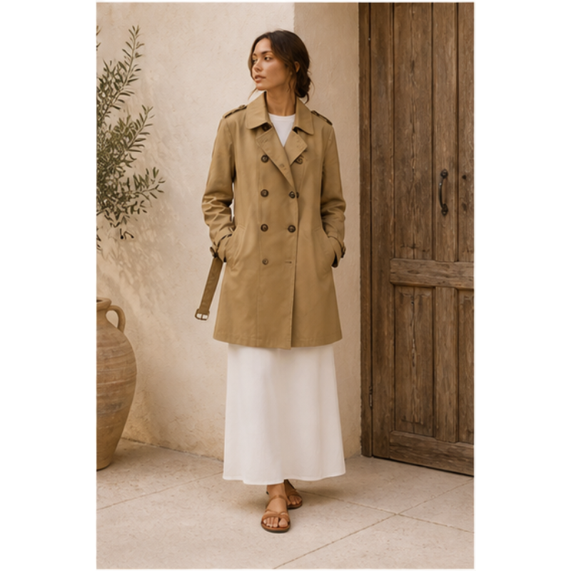 Trench fluide beige HY8810 Tsniout – 03 profil marche