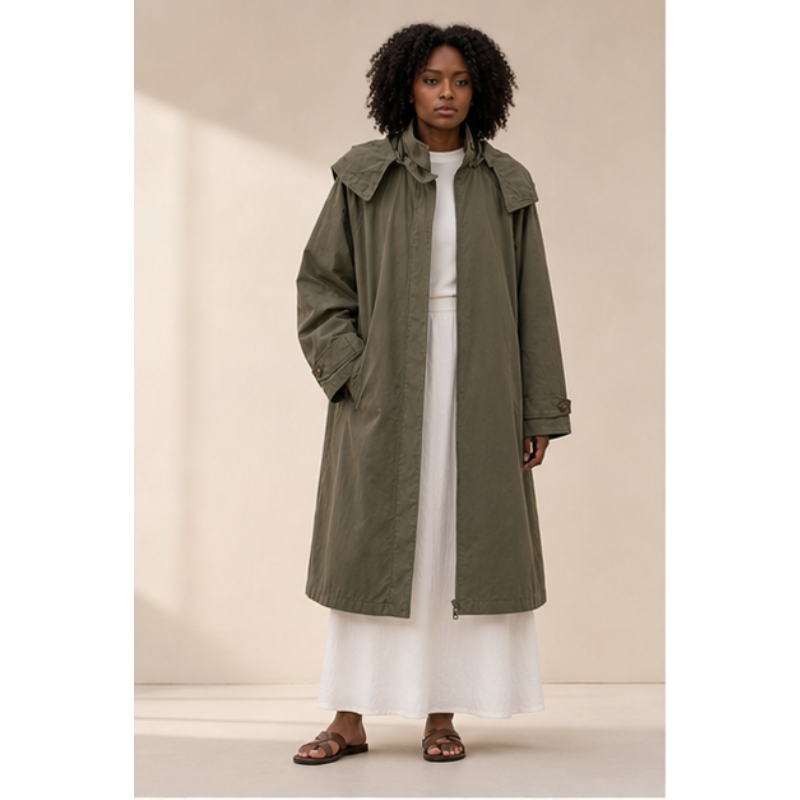 Trench long kaki à capuche Tsniout – vue 1