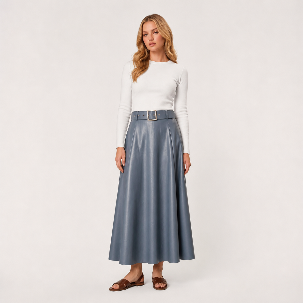 Jupe longue bleu gris en similicuir à ceinture – vue 1