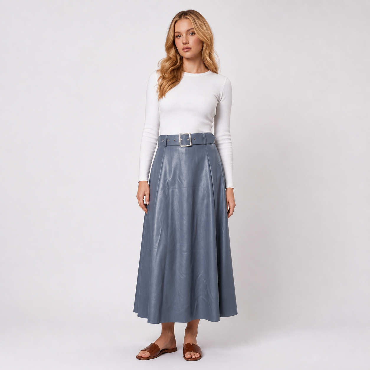 Jupe longue bleu gris en similicuir à ceinture – vue 2