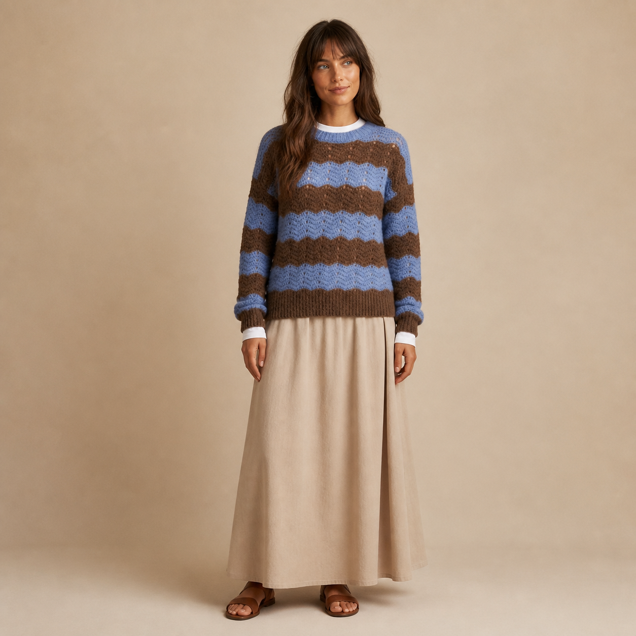 Pull bleu à rayures marron Tsniout – 01 face studio