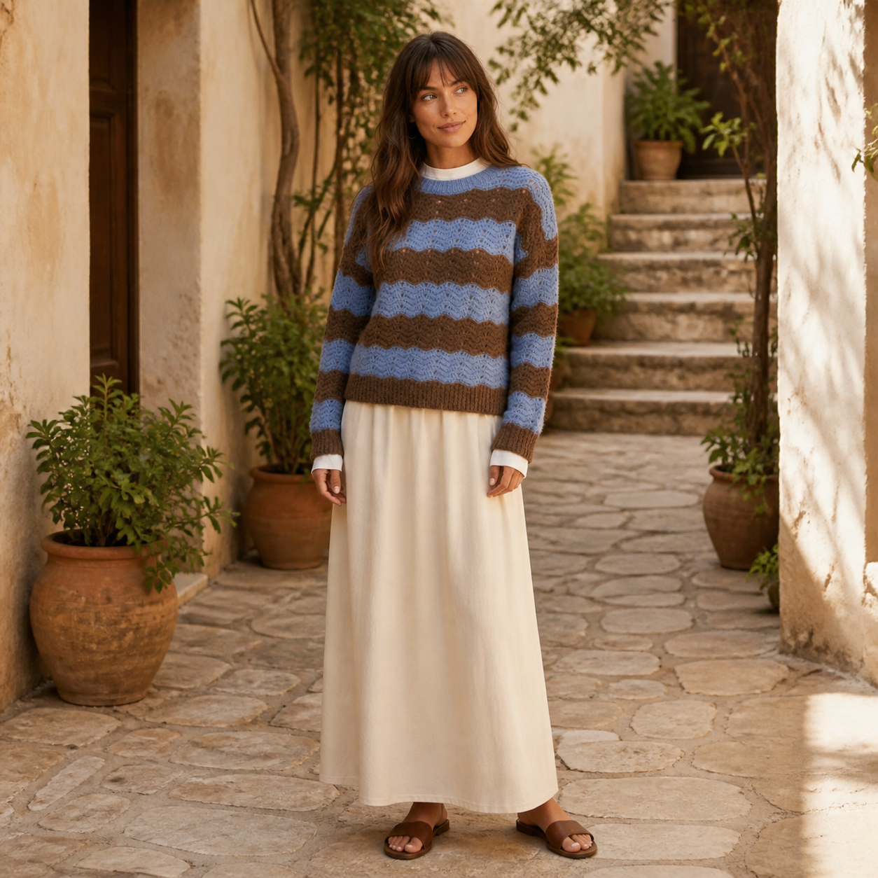 Pull bleu à rayures marron Tsniout – 06 lifestyle debout