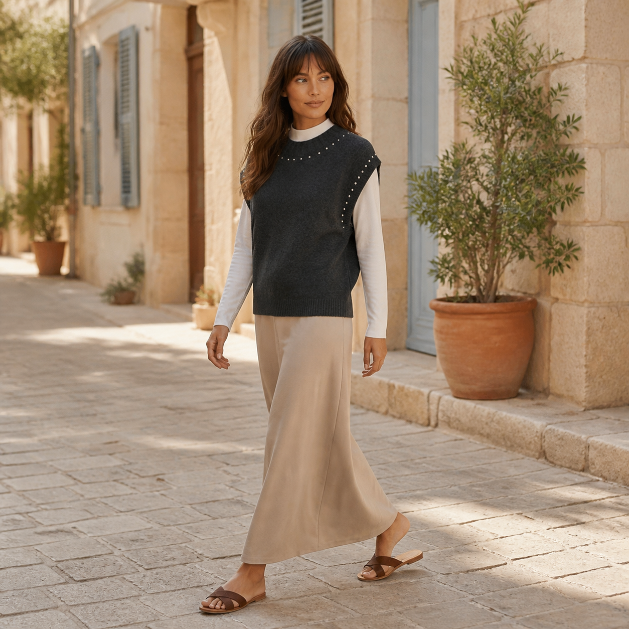 Pull gris anthracite sans manches à clous – vue 3