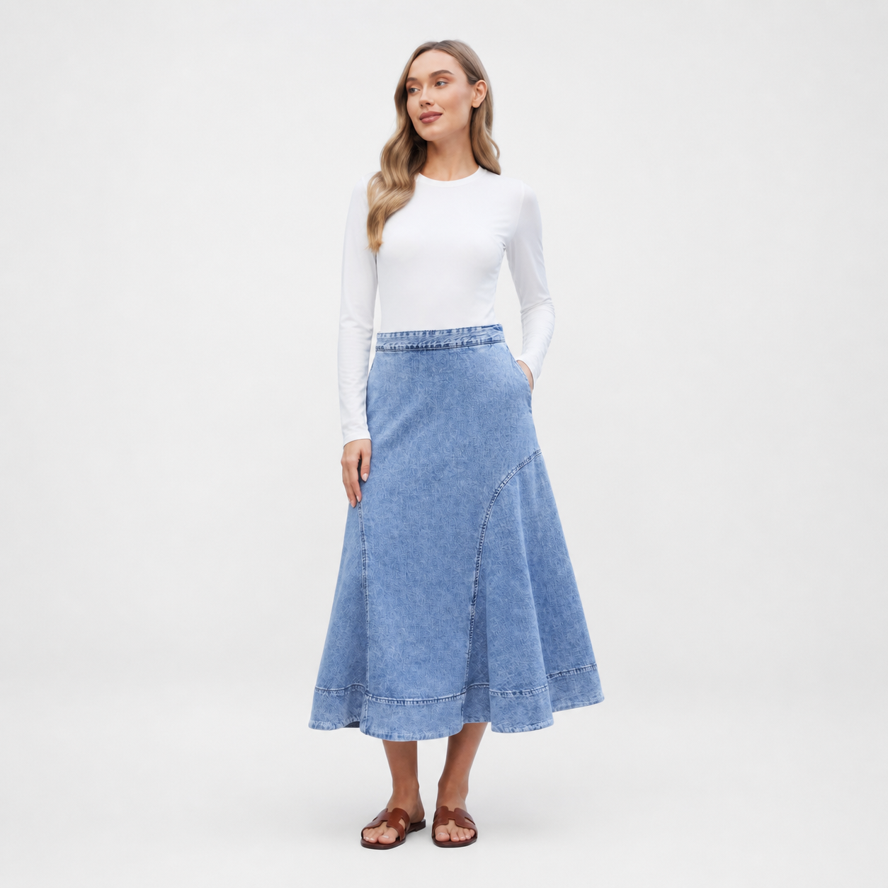Jupe midi en denim à volants – vue 1