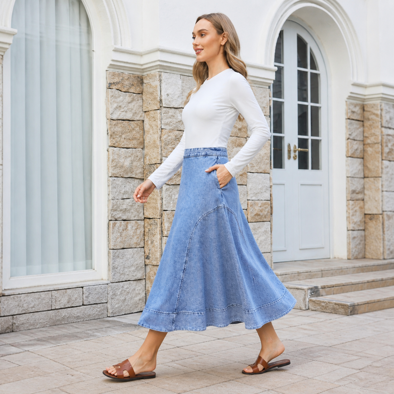 Jupe midi en denim à volants – vue 3