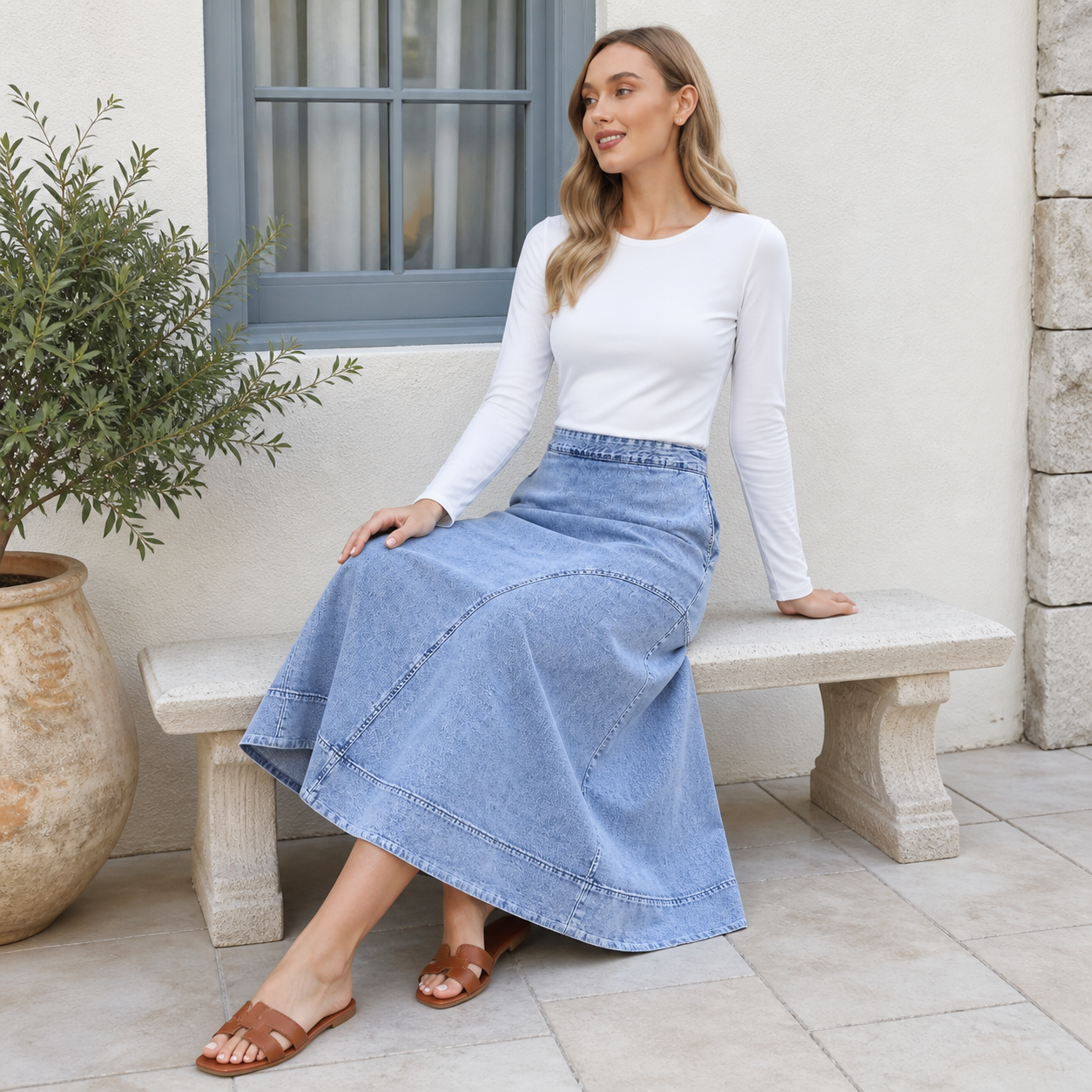 Jupe midi en denim à volants – vue 5