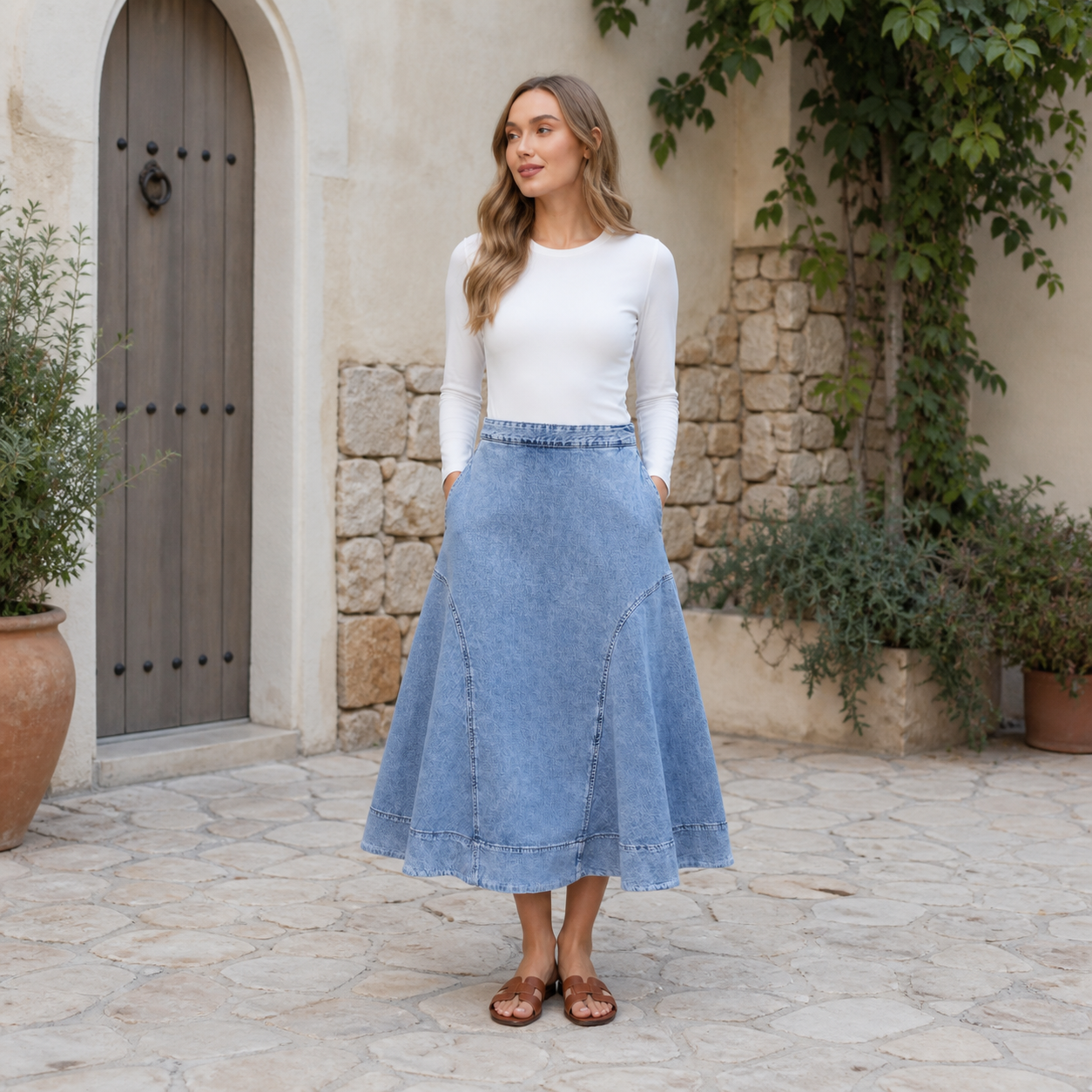 Jupe midi en denim à volants – vue 6