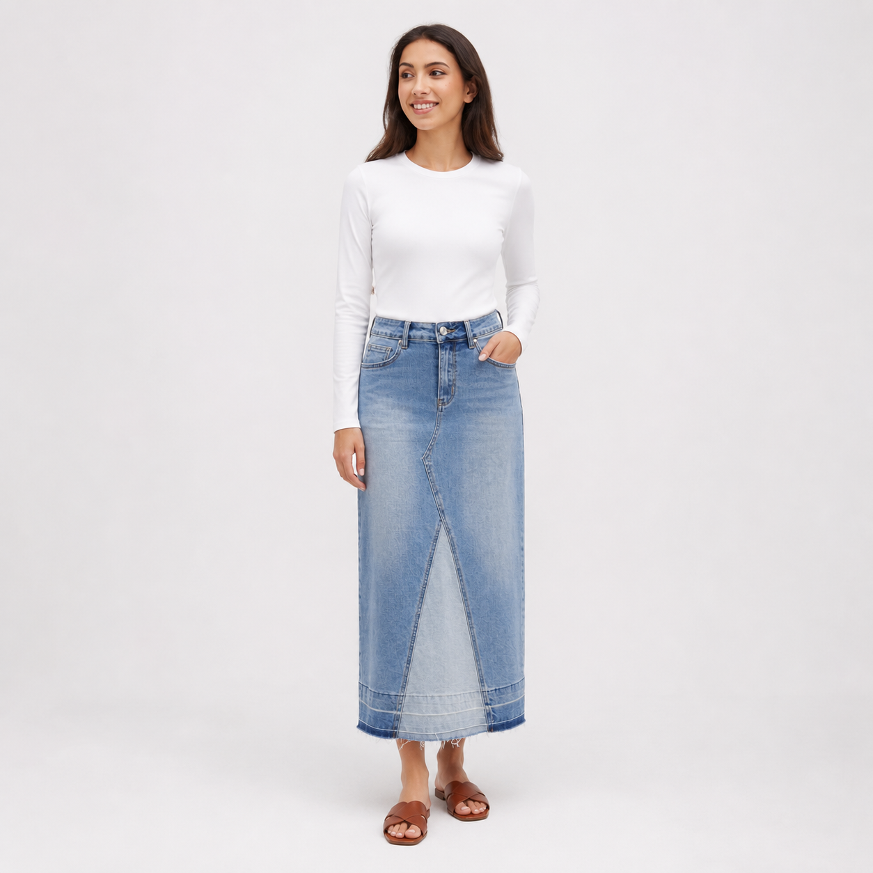 Jupe longue en denim à empiècement diagonal – vue 1