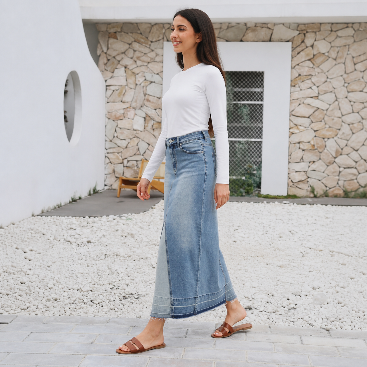 Jupe longue en denim à empiècement diagonal – vue 3