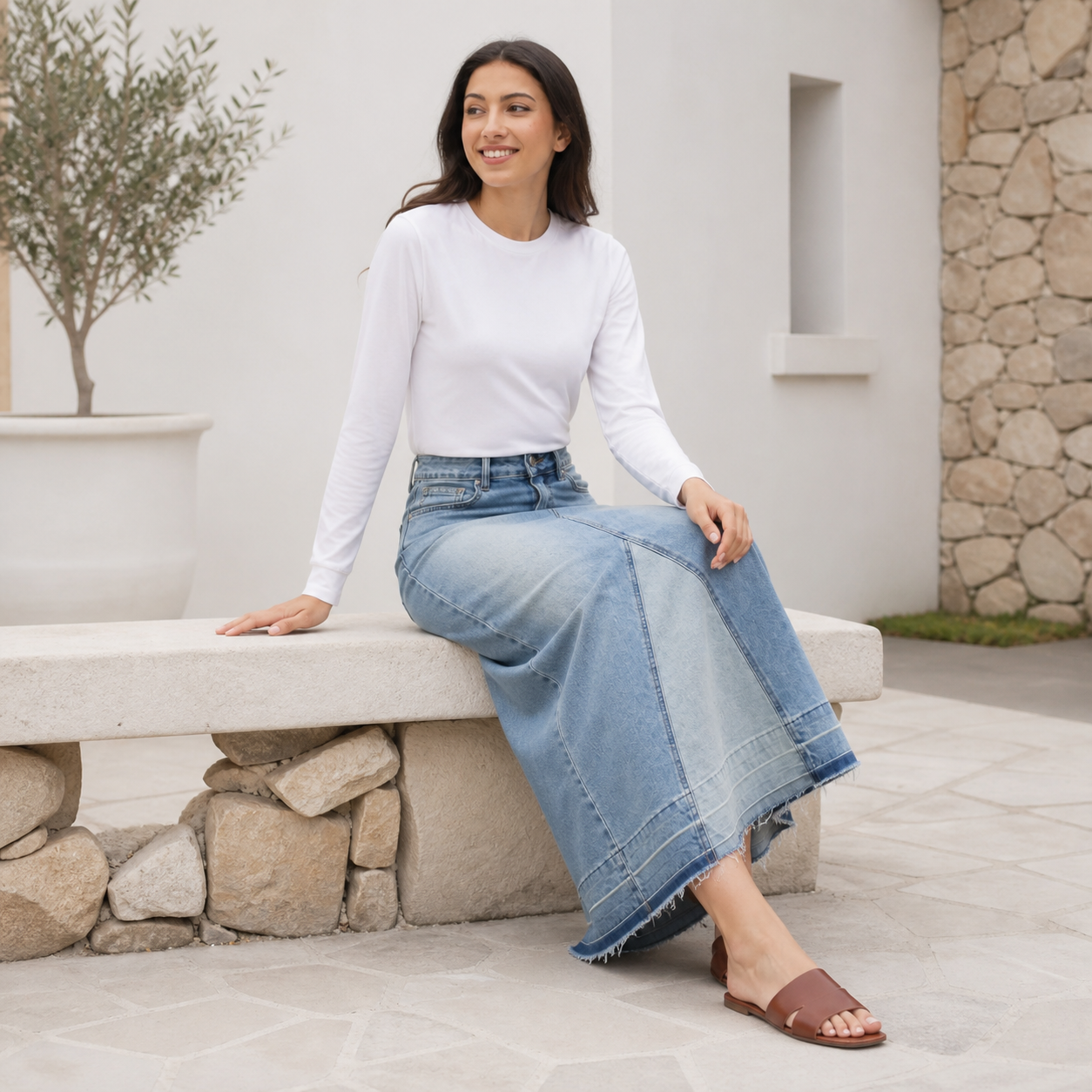Jupe longue en denim à empiècement diagonal – vue 5