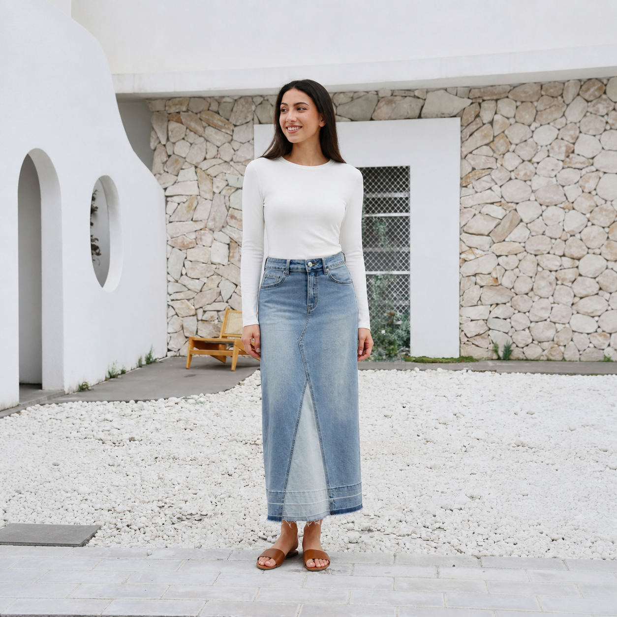 Jupe longue en denim à empiècement diagonal – vue 6