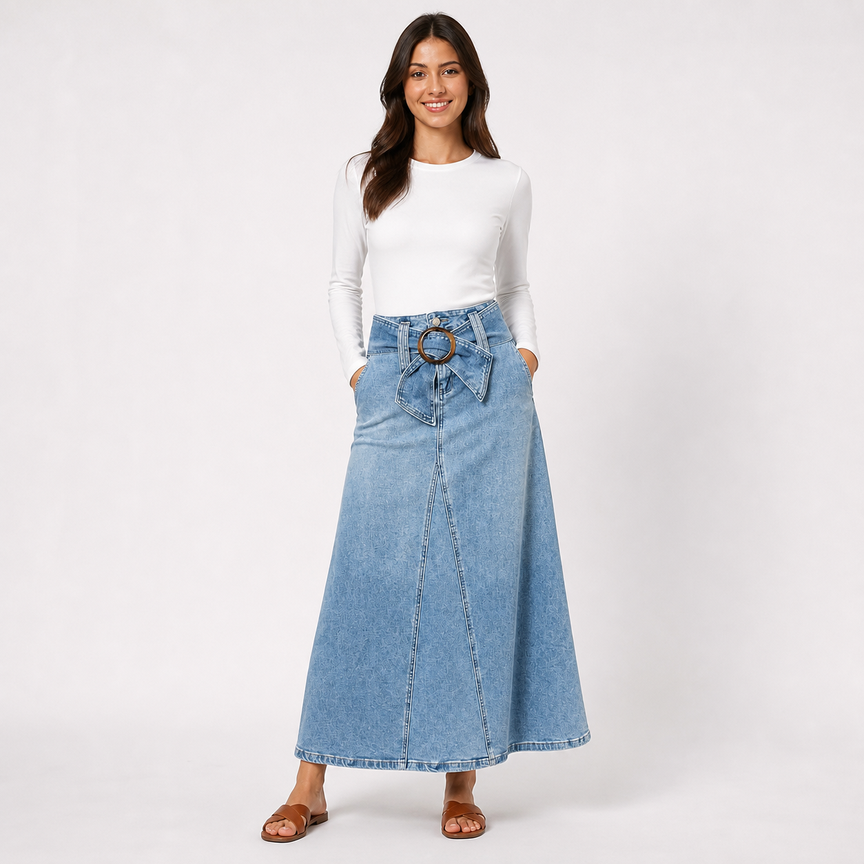 Jupe longue denim bleu à boucle Tsniout – 01 face studio