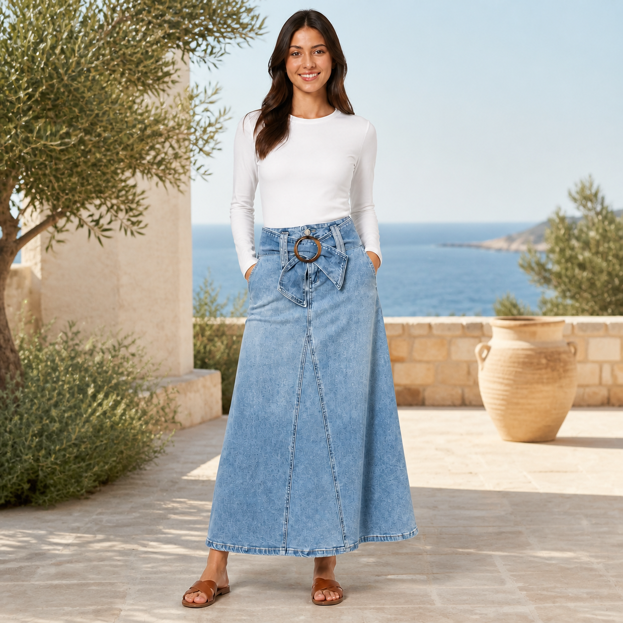 Jupe longue denim bleu à boucle Tsniout – 06 lifestyle debout