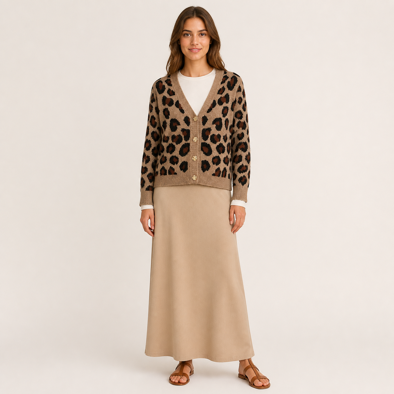 Cardigan léopard à boutons dorés Tsniout — Laine 8 %, polyamide 15 %, acrylique 15 %, polyester 58 %, élasthanne 4 %