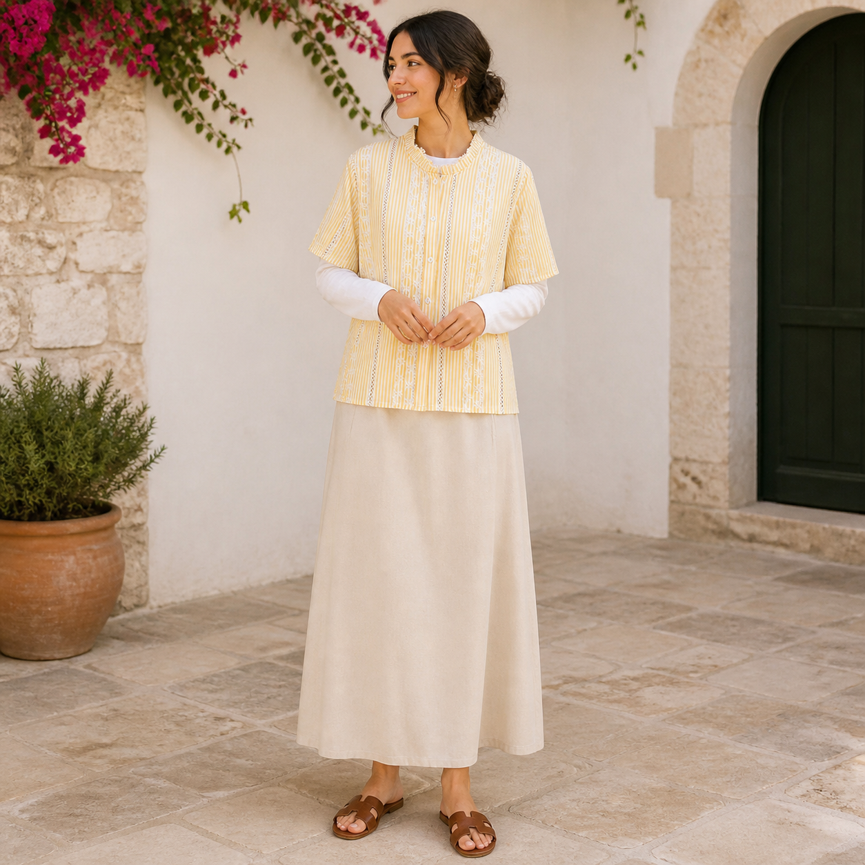 Chemise jaune à rayures et broderies – vue 6