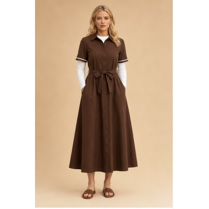 Robe longue chocolat chemise ceinturée Tsniout – vue 1