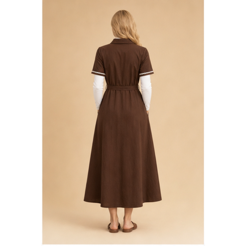 Robe longue chocolat chemise ceinturée Tsniout – vue 2