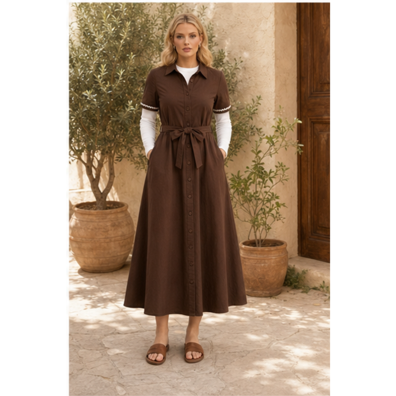 Robe longue chocolat chemise ceinturée Tsniout – vue 3