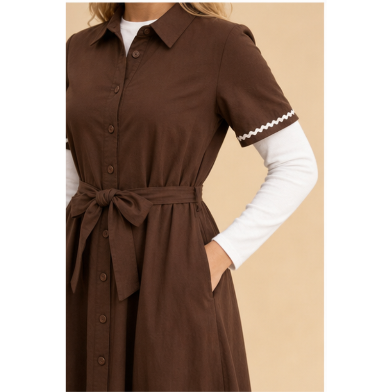 Robe longue chocolat chemise ceinturée Tsniout – vue 4