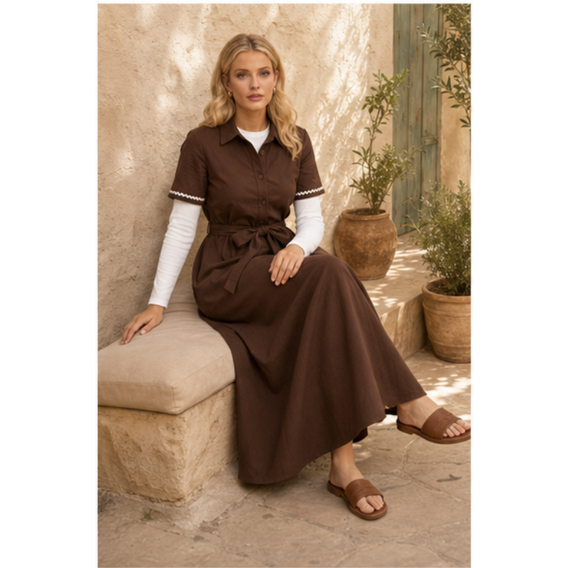 Robe longue chocolat chemise ceinturée Tsniout – vue 5