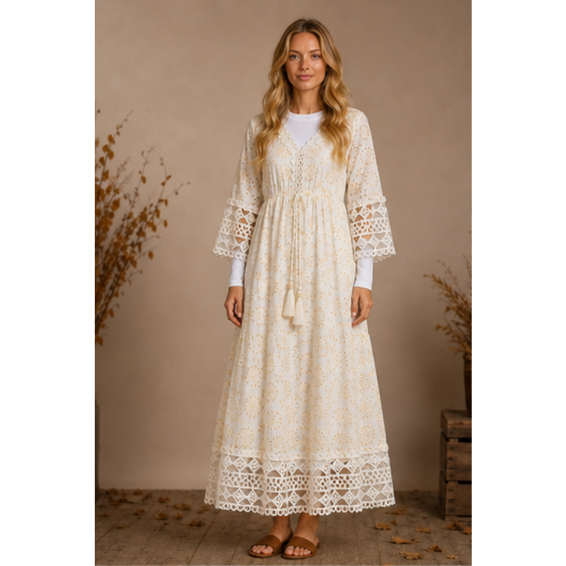 Robe longue ivoire et dorée en broderie anglaise Tsniout – vue 1