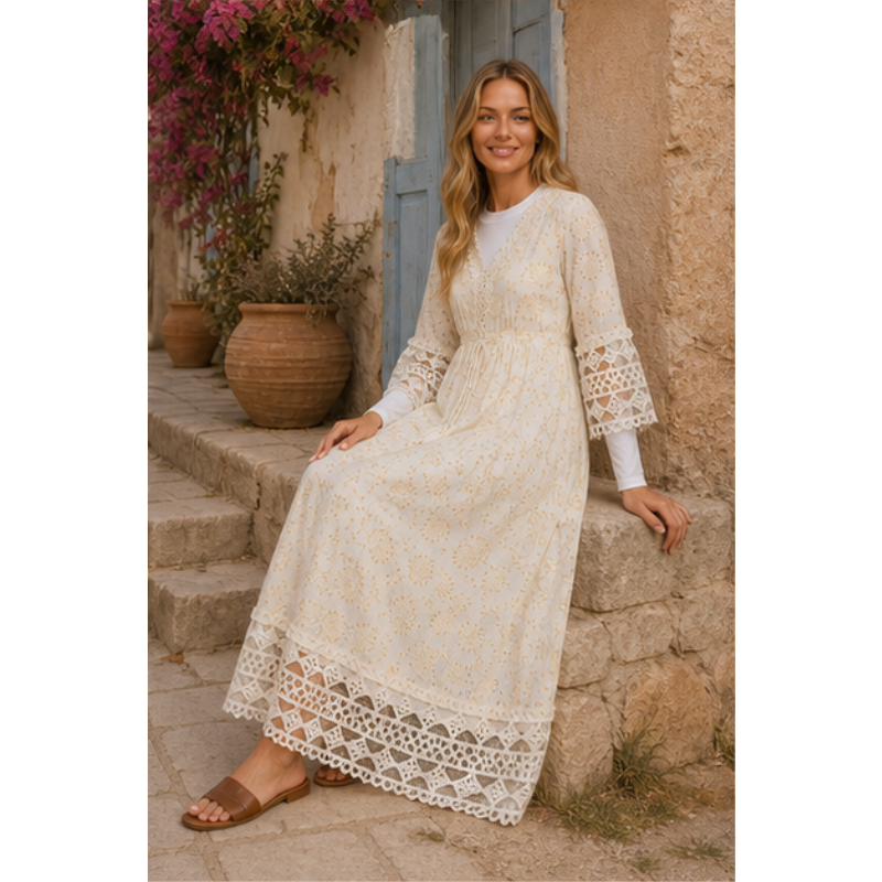 Robe longue ivoire et dorée en broderie anglaise Tsniout – vue 5
