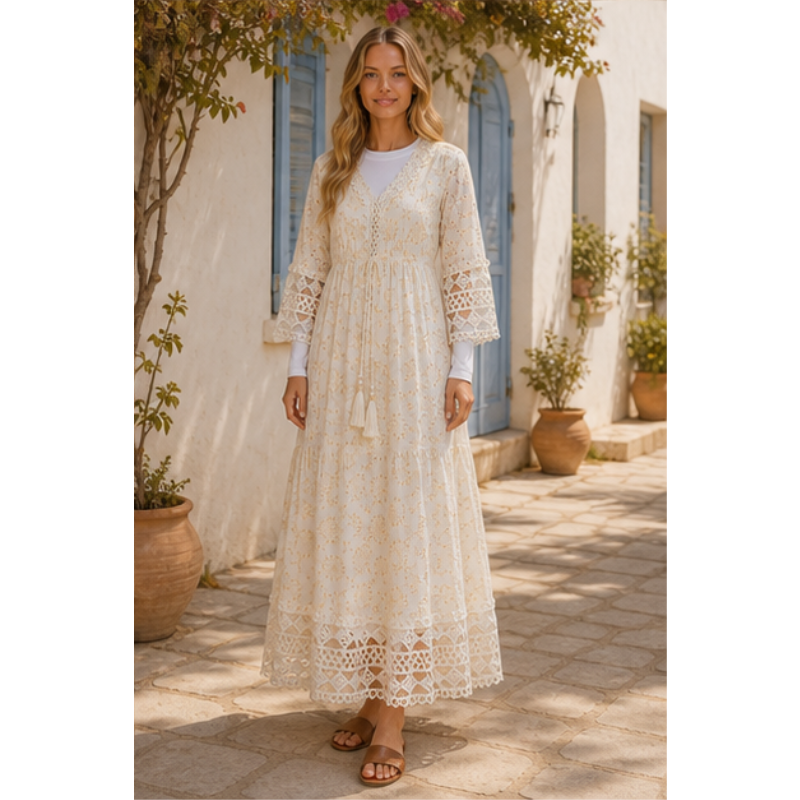 Robe longue ivoire et dorée en broderie anglaise Tsniout – vue 6