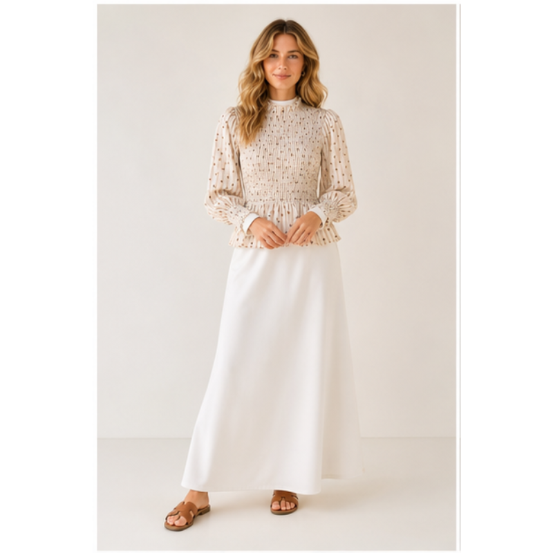 Blouse crème à pois chocolat smockée Tsniout – vue 1