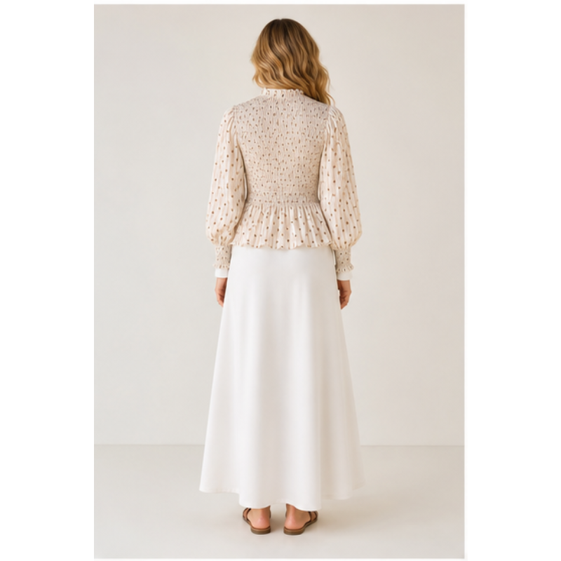 Blouse crème à pois chocolat smockée Tsniout – vue 2