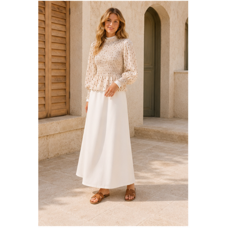 Blouse crème à pois chocolat smockée Tsniout – vue 3