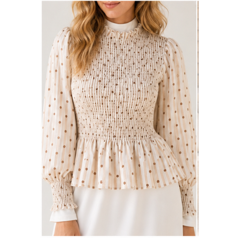 Blouse crème à pois chocolat smockée Tsniout – vue 4