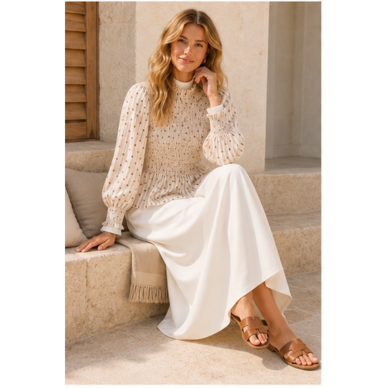 Blouse crème à pois chocolat smockée Tsniout – vue 5