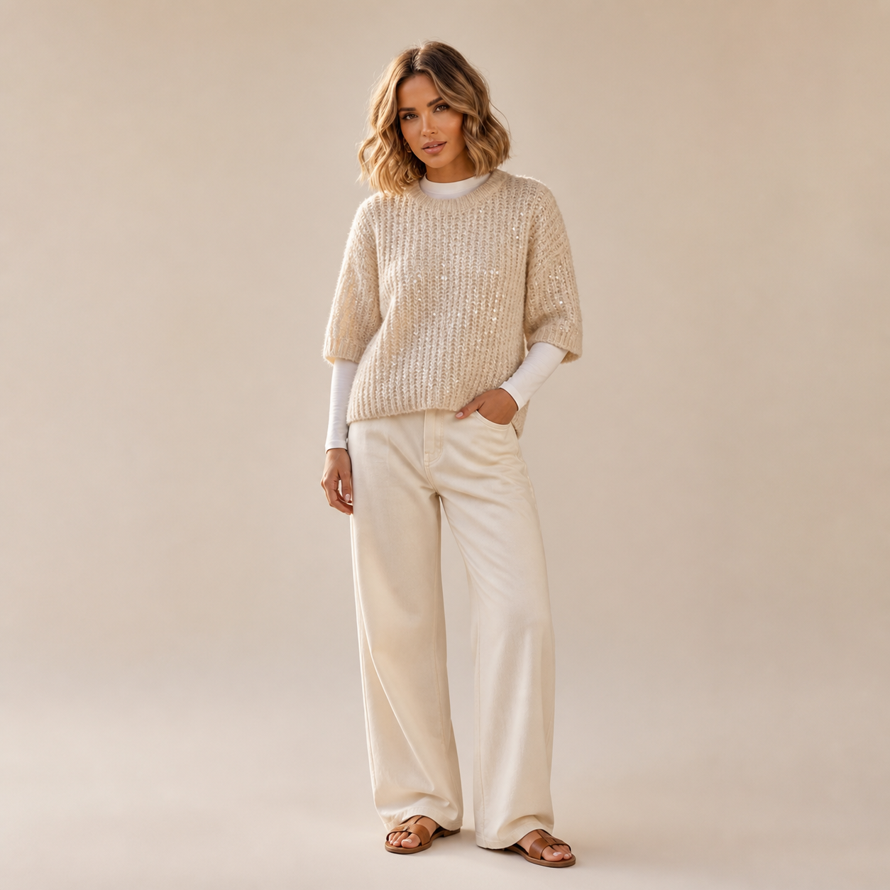 Pull beige en maille pailletée Tsniout – 01 face studio