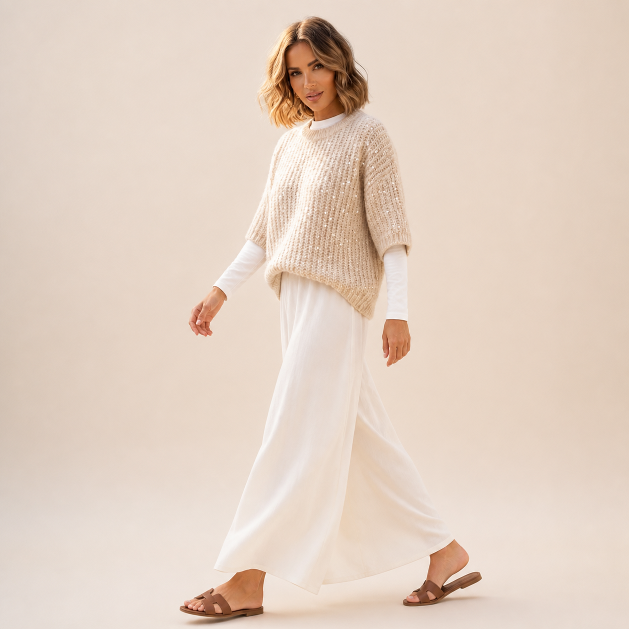 Pull beige en maille pailletée Tsniout – 03 profil marche