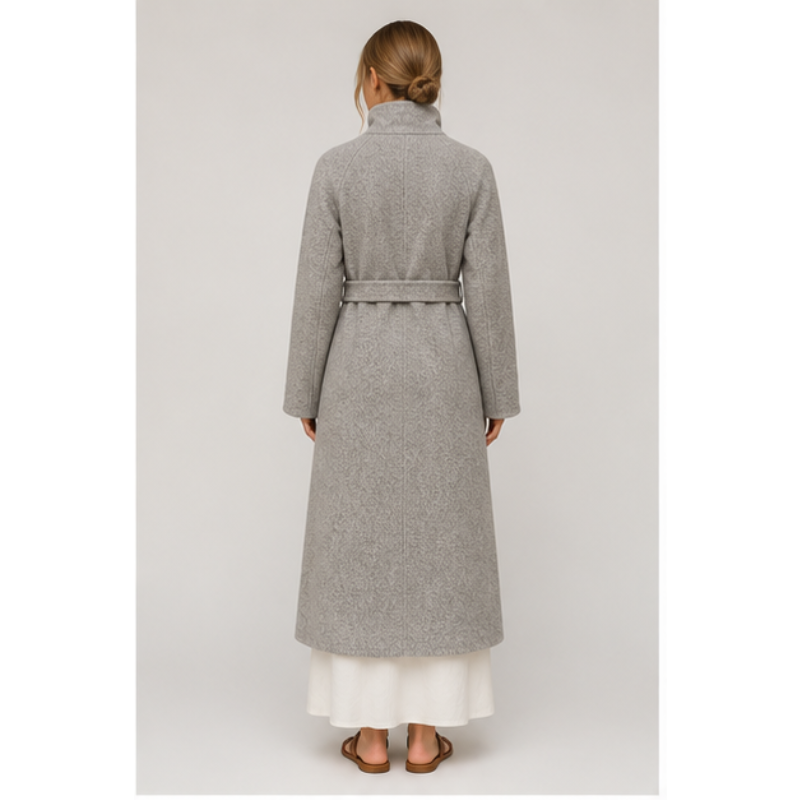 Manteau long gris ceinturé Tsniout – 02 dos studio