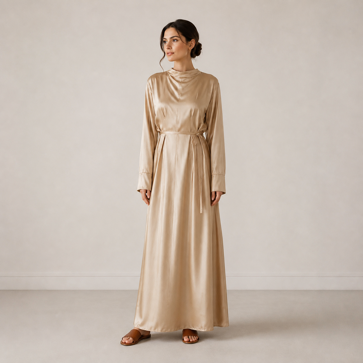 Robe longue beige satinée à col montant – vue 1