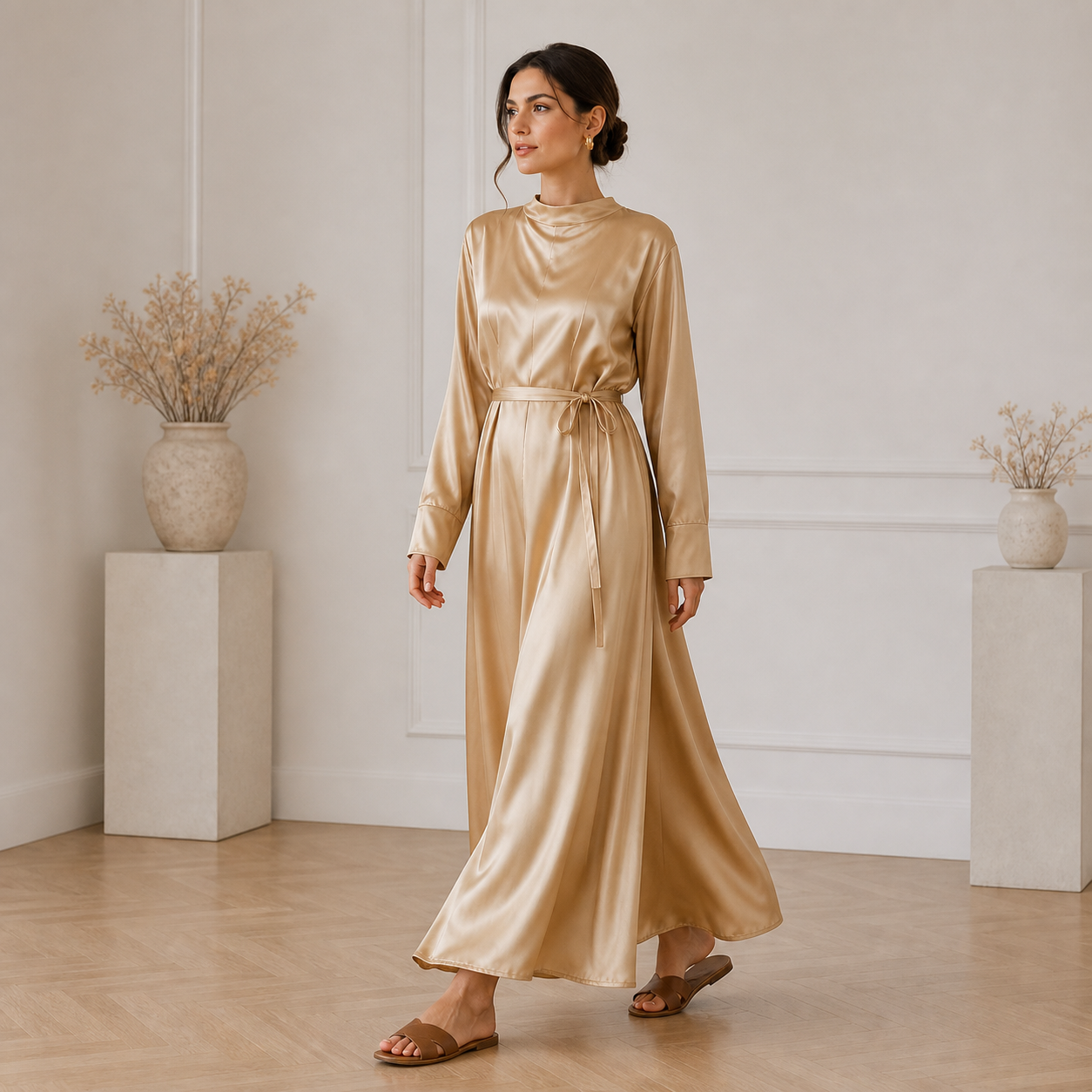 Robe longue beige satinée à col montant – vue 3