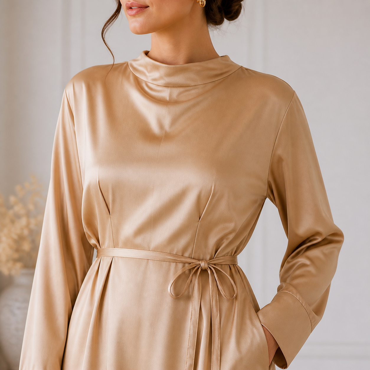 Robe longue beige satinée à col montant – vue 4
