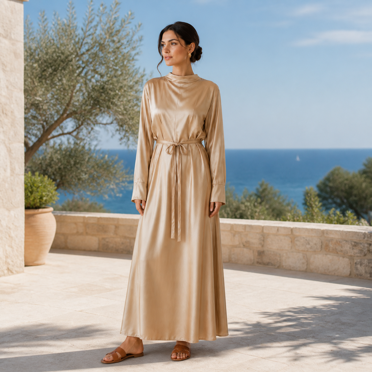Robe longue beige satinée à col montant – vue 6