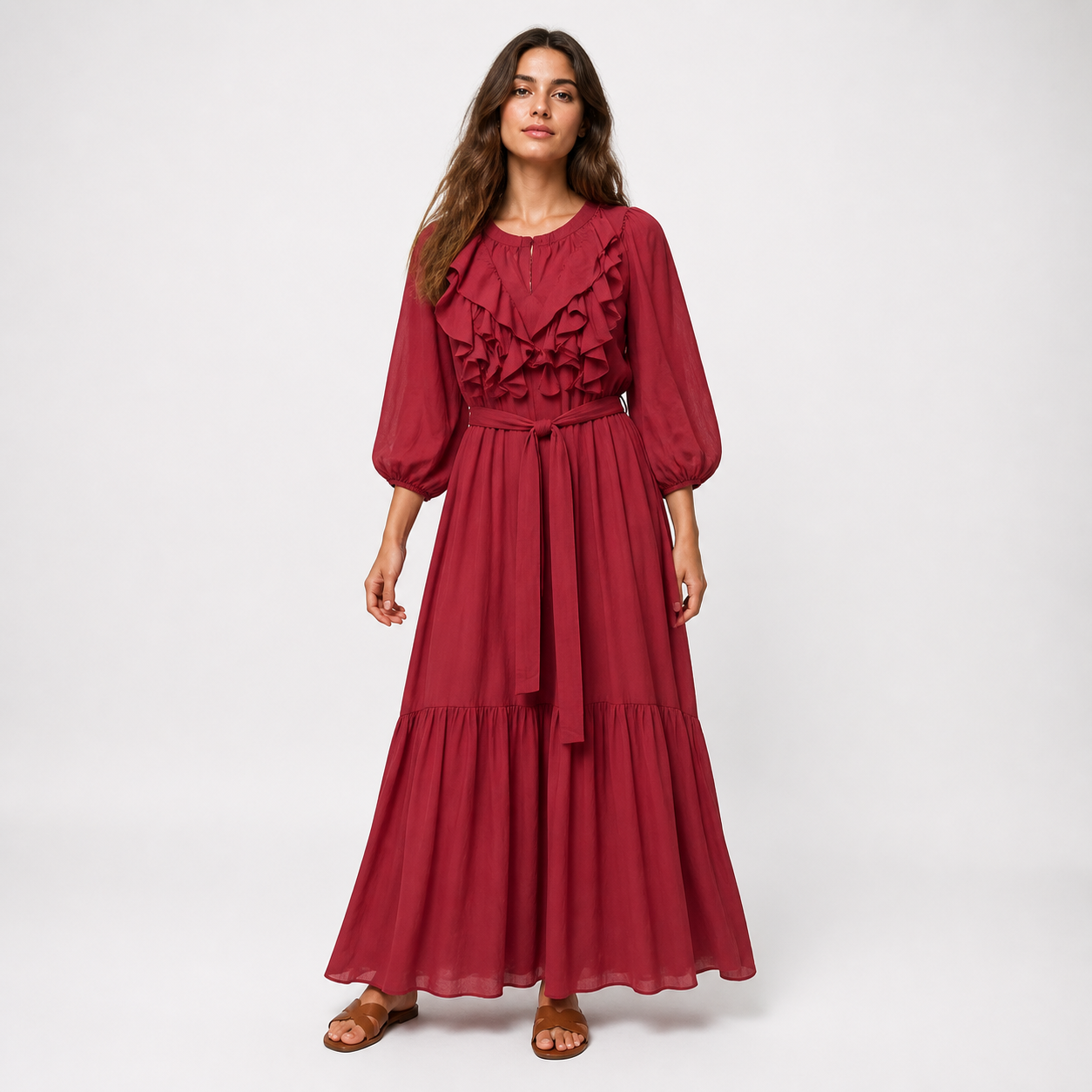 Robe longue bordeaux à volants Tsniout – 01 face studio