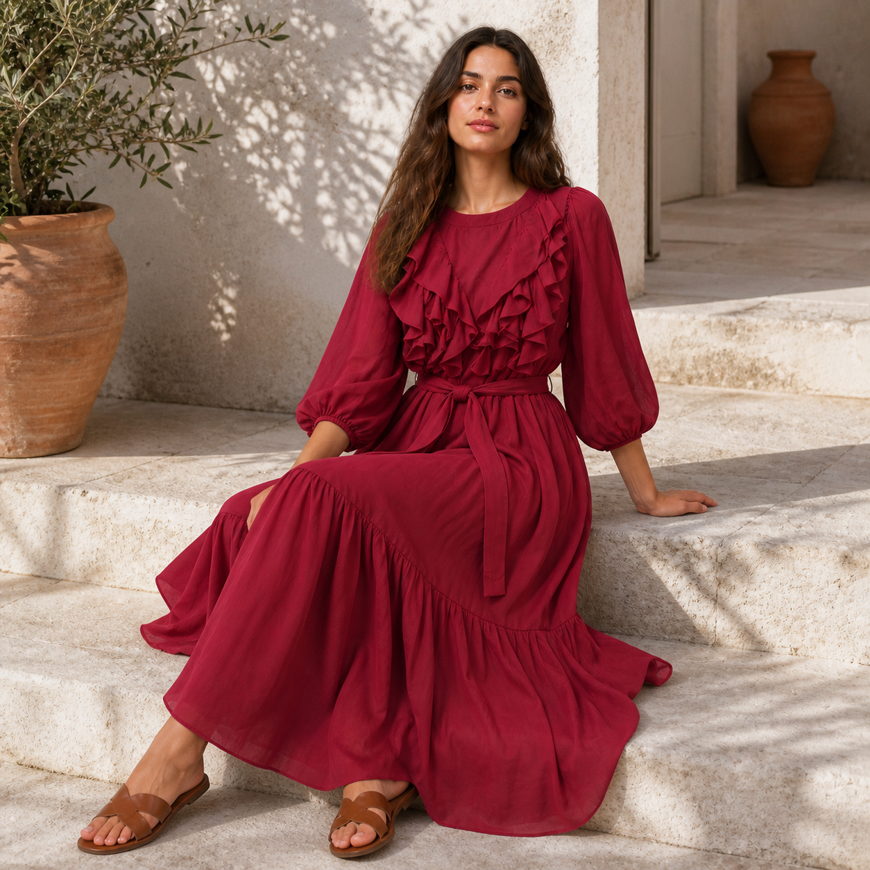 Robe longue bordeaux à volants Tsniout – 05 lifestyle assise