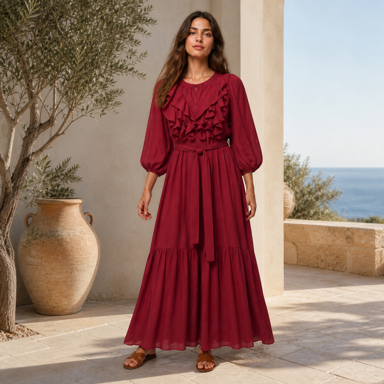 Robe longue bordeaux à volants Tsniout – 06 lifestyle debout