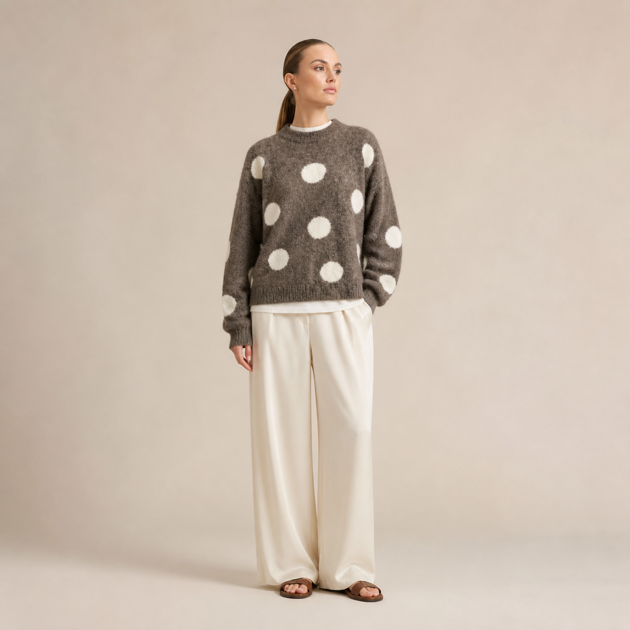 Pull marron à pois écrus Tsniout – 01 face studio