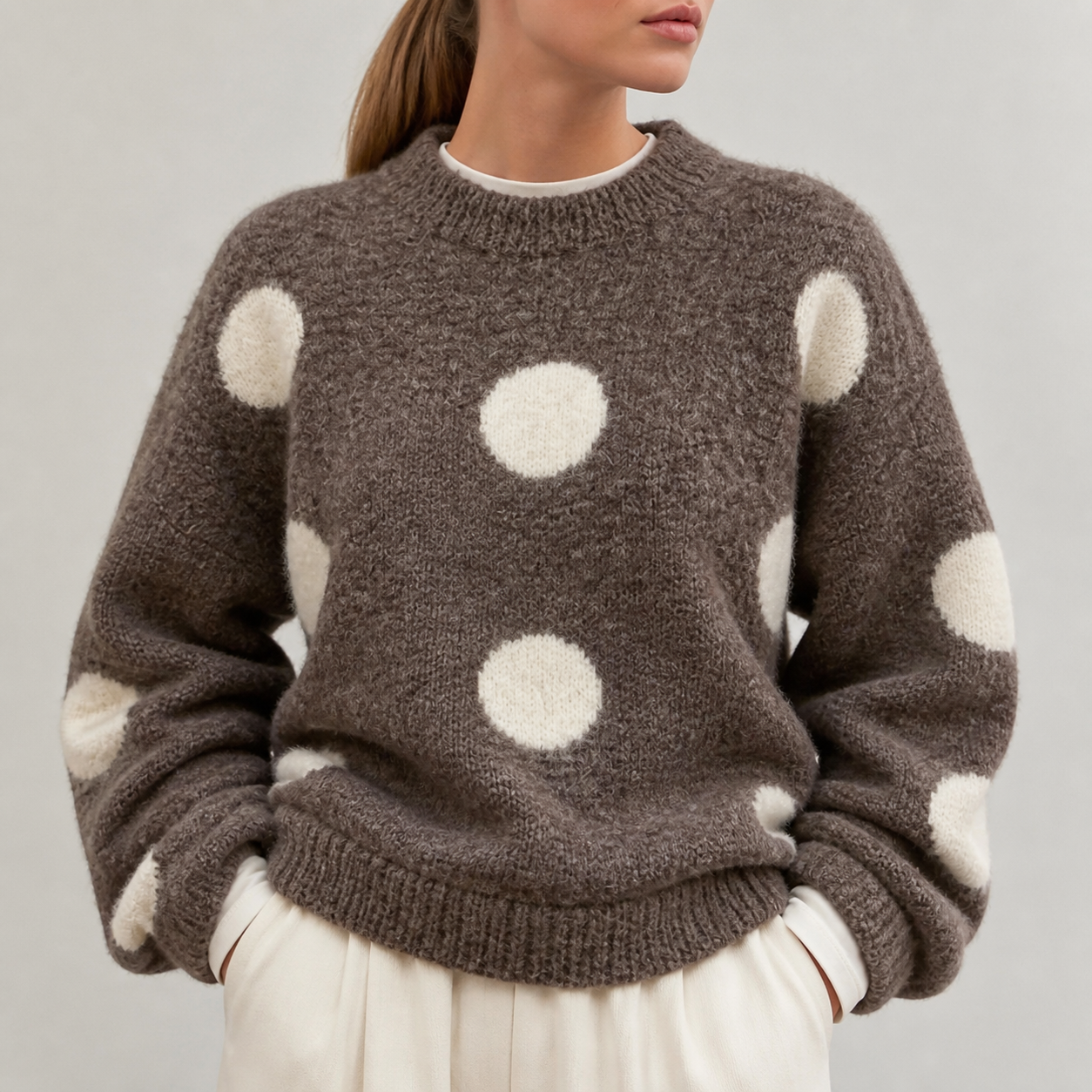 Pull marron à pois écrus Tsniout – 04 zoom produit
