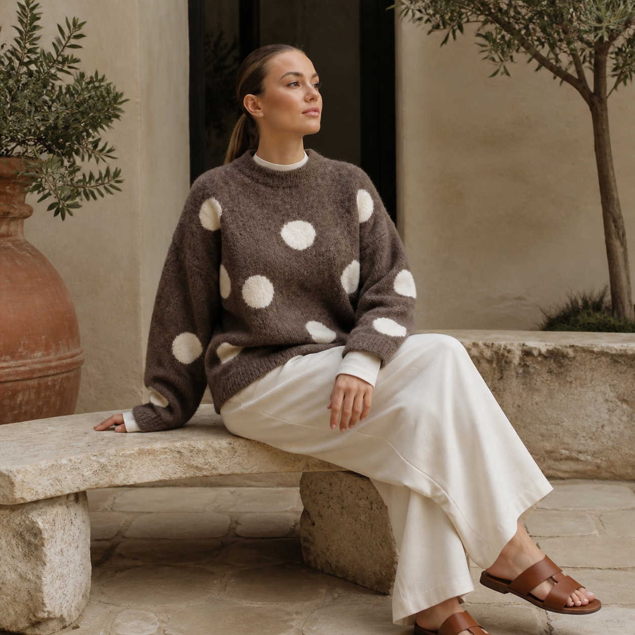 Pull marron à pois écrus Tsniout – 05 lifestyle assise